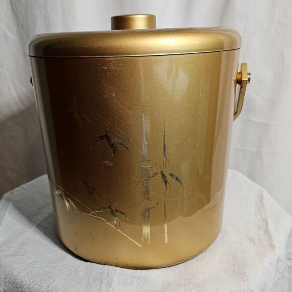 Vintage Gold Laquerware Otagiri Ice Bucket w Bamboo Plant Design Japan - Picture 2 of 7